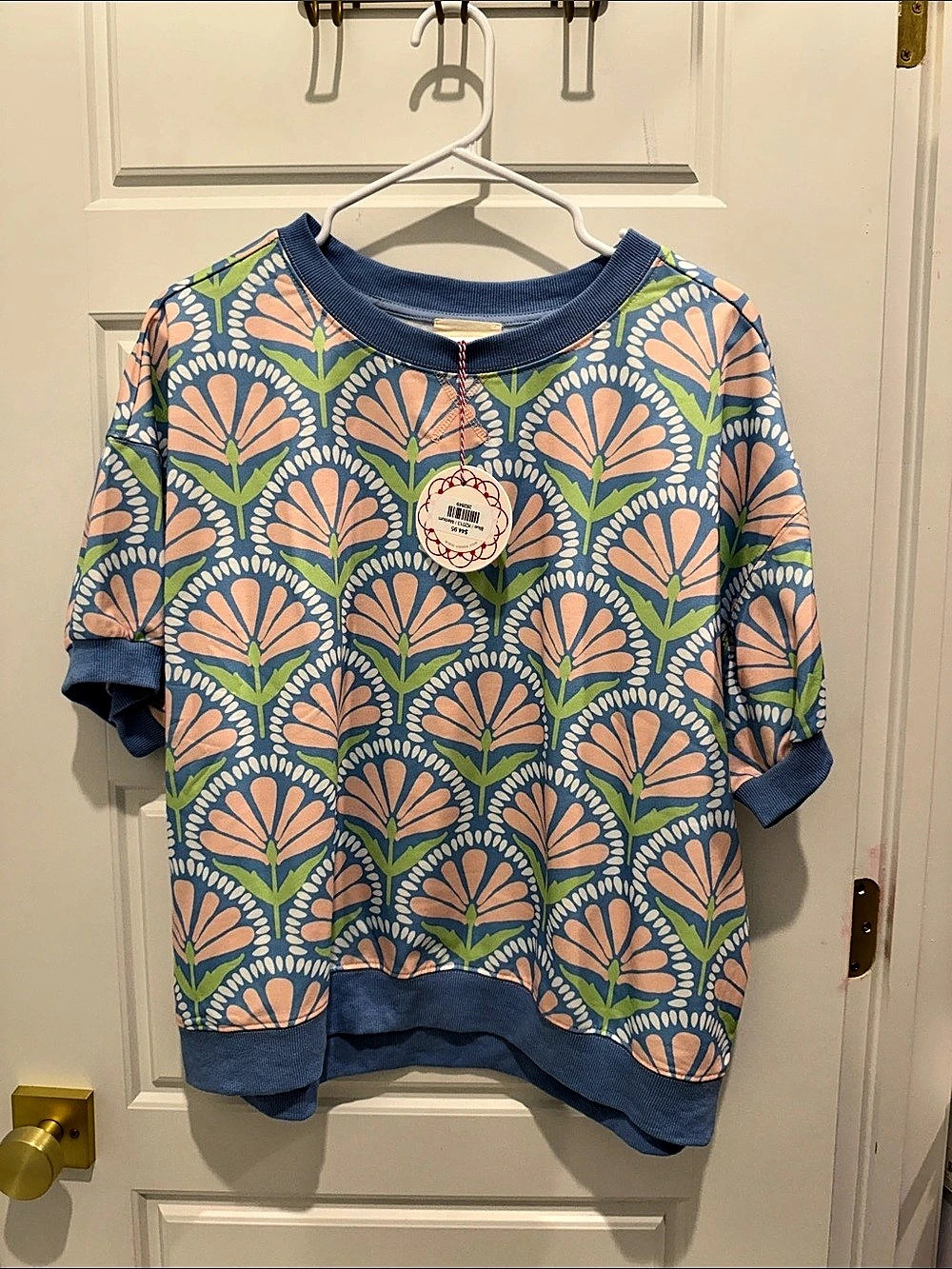 umgee Floral Short Sleeve Top in Blue & Pink Size Medium NWT